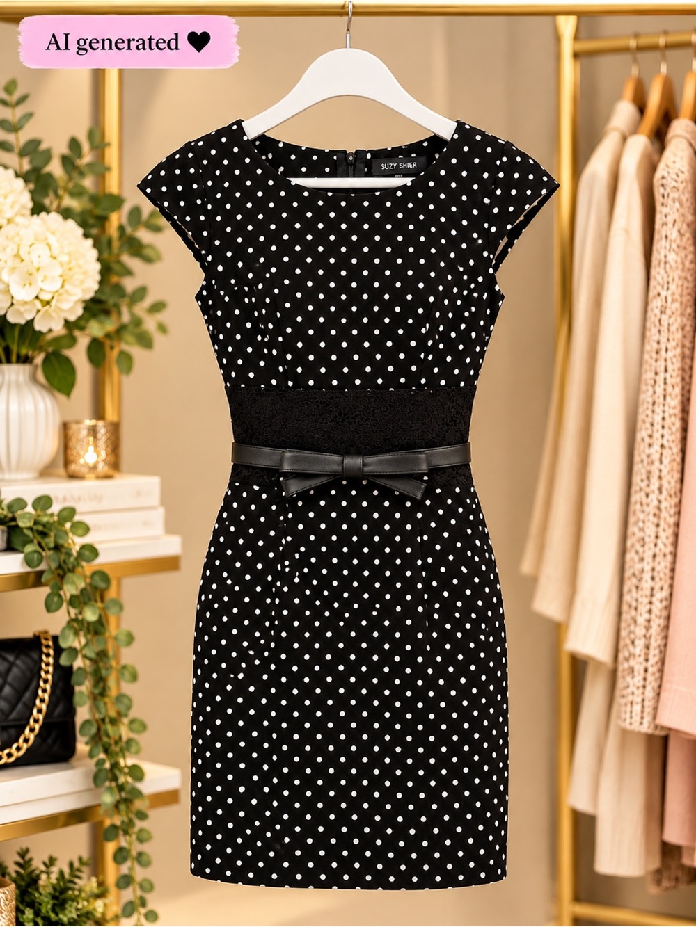 Suzy Shier Black & White Polka Dot Belted Dress with Bow | Size M